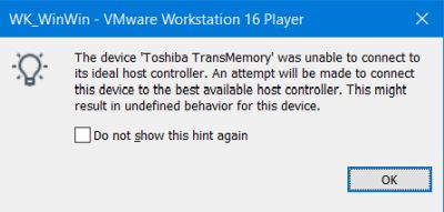 VMware USB devices: Warning message when trying to connect a USB3 flash drive to a USB2 host controller