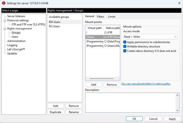 FileZilla Server on Windows 11: Configuration - Setting up the mount points [2]