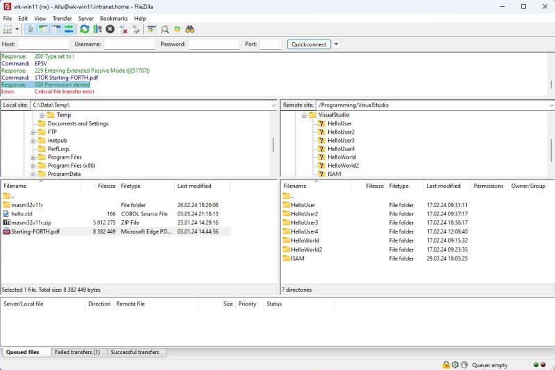 FileZilla Server on Windows 11: FileZilla Client - Permission denied to upload to read-only directory