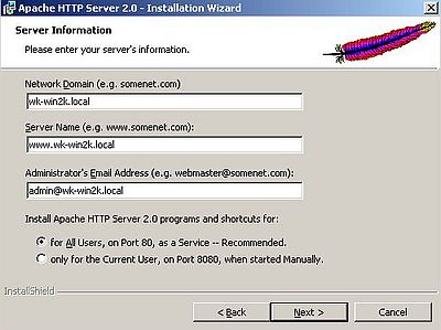 Apache on Windows 2000: Installation - Entering server information