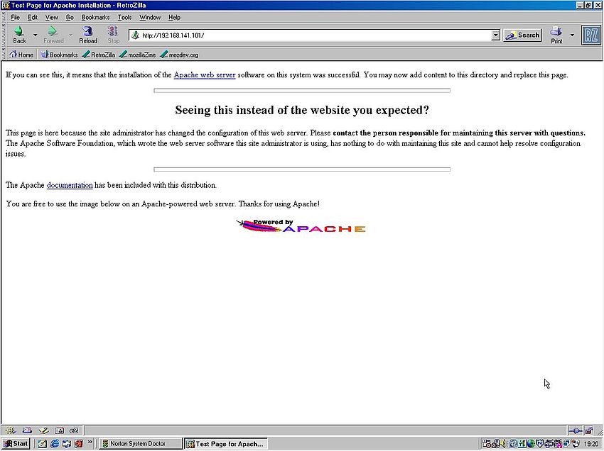 Apache on Windows 2000: HTTP connection from a Windows 98 computer using the RetroZilla web browser