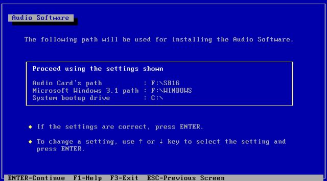 Windows 3.1x sound support: Installing the SoundBlaster 16 for Windows 3.x Driver - Installation directories