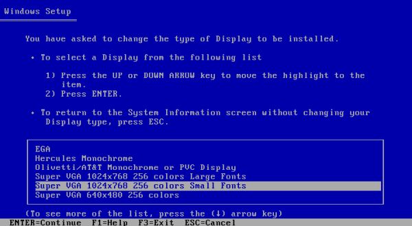 Windows 3.11 SVGA 1024×768 pixels: Windows Setup - Selecting the original Microsoft SVGA driver