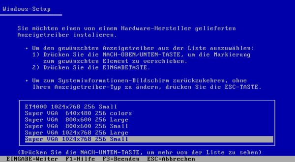 Windows 3.1 SVGA 1024×768 pixels: Windows Setup - Selecting the original Microsoft SVGA driver