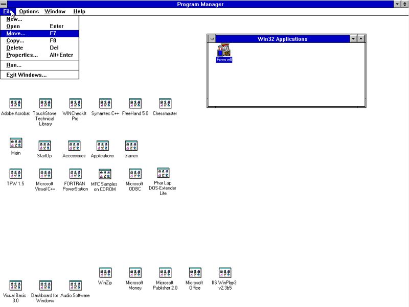 Windows 3.11 Program Manager: Moving a program to another group [1: Selecting the program to be moved]