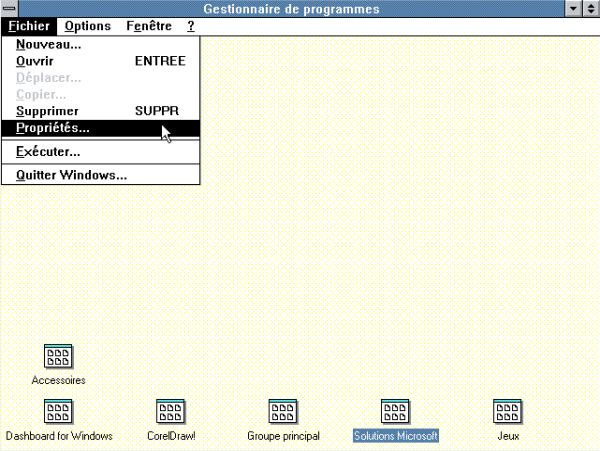 Windows 3.0 Program Manager: Renaming a program group [1: Opening the group's properties]