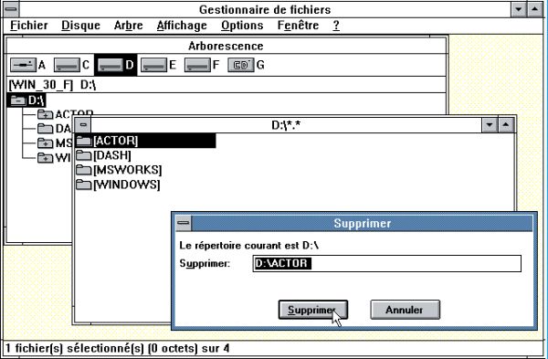 Windows 3.0 folder removal: Selecting the folder to be deleted in File Manager and confirming its deletion