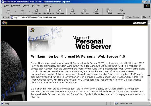 Microsoft PWS on Windows 98: PWS Welcome page opened in Internet Explorer