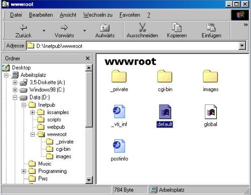 Microsoft PWS on Windows 98: Standard base directory for web publishing with file default.asp