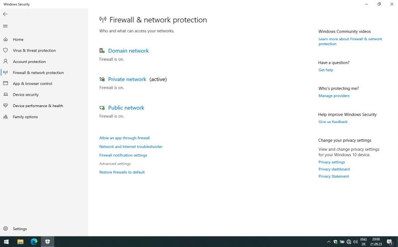 Windows Defender Firewall: Choosing to change the advanced firewall settings