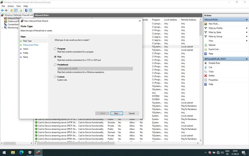 Windows Defender Firewall: Creating a new port based inbound rule [1]