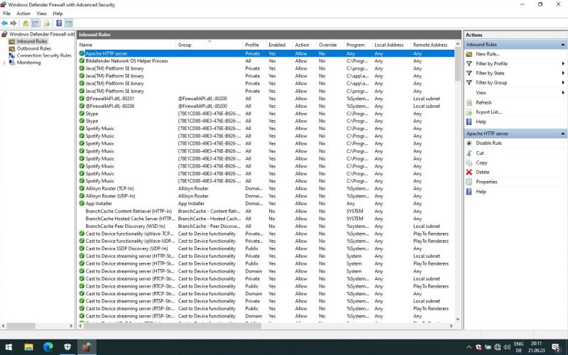 Windows Defender Firewall: (Port based) inbound rule for Apache HTTP server