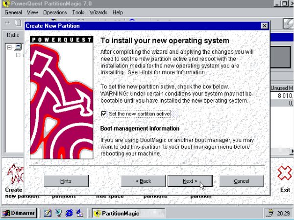 Windows 98 and Windows 95 dual boot: PartitionMagic - Setting the new primary partition active