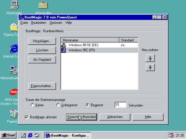 Windows 98 and Windows 95 dual boot: BootMagic - Boot menu configuration main window