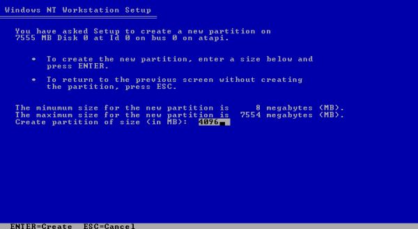 Windows NT installation: Choosing the new partition's size