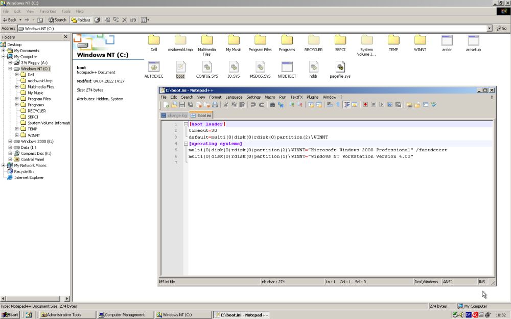 Windows 2000/NT dual boot: Content of the boot.ini file (opened in Notepad++)