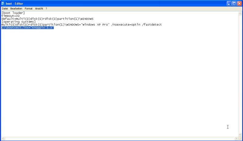 Windows XP dual boot installation: Modified content of Windows XP boot.ini file 
