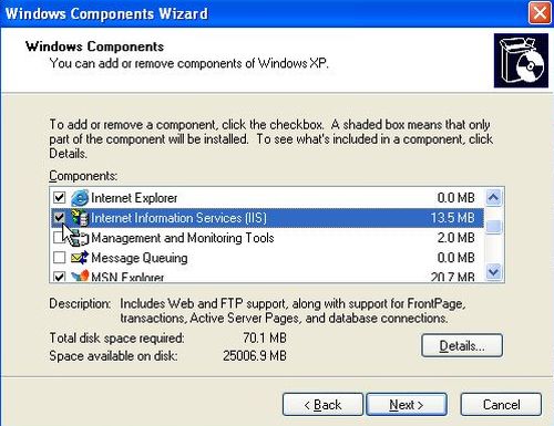 IIS on Windows XP: Installation - Selecting to add the IIS component to Windows