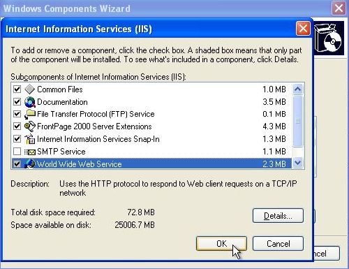 IIS on Windows XP: Installation - Detailed selection of which components to install