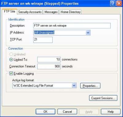 IIS on Windows XP: FTP setup - IP address and port