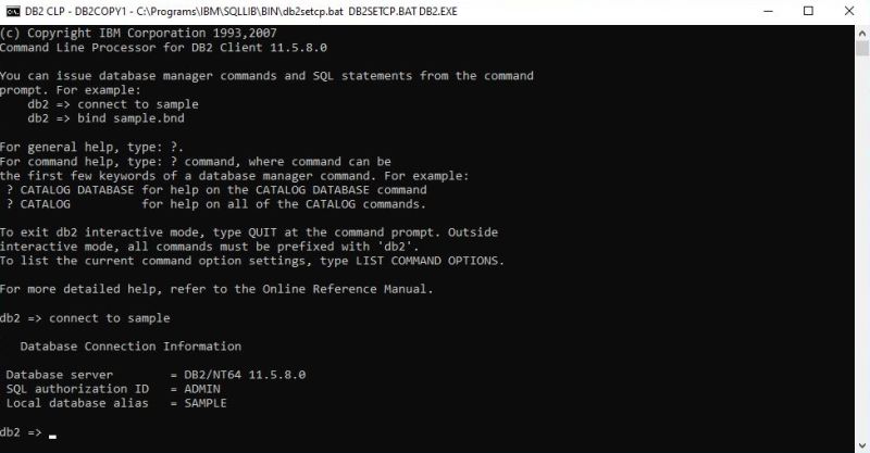 DB2 Command Line Processor: Connecting to the 'sample' database
