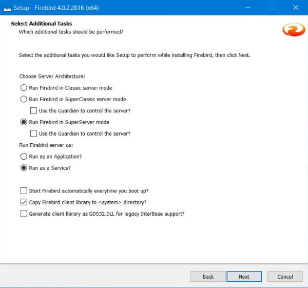 Firebird installation: Additional tasks configuration