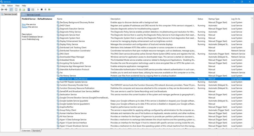 The Firebird default server instance in 'Windows Services'