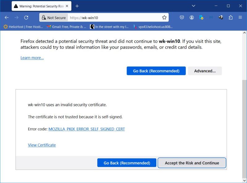 Firefox security risk warning when trying to access a site with a self-signed certificate [2]