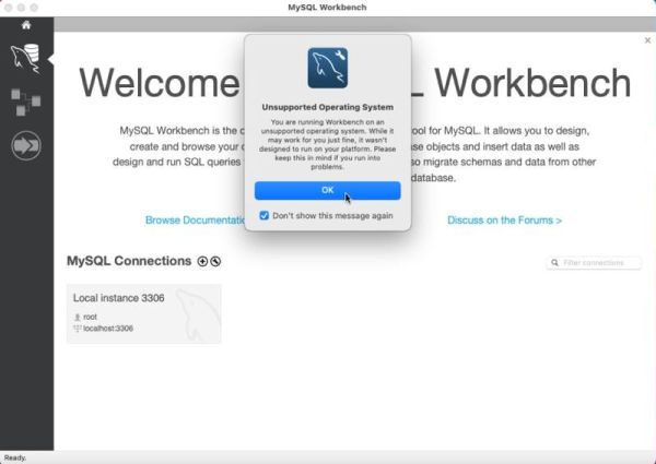 MySQL installation on macOS: MySQL Workbench Welcome page