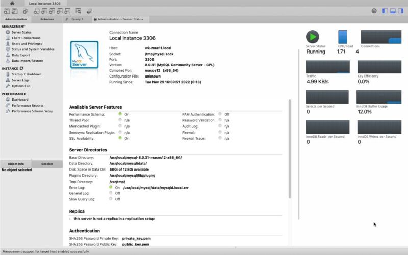 MySQL installation on macOS: MySQL Workbench Server Status page