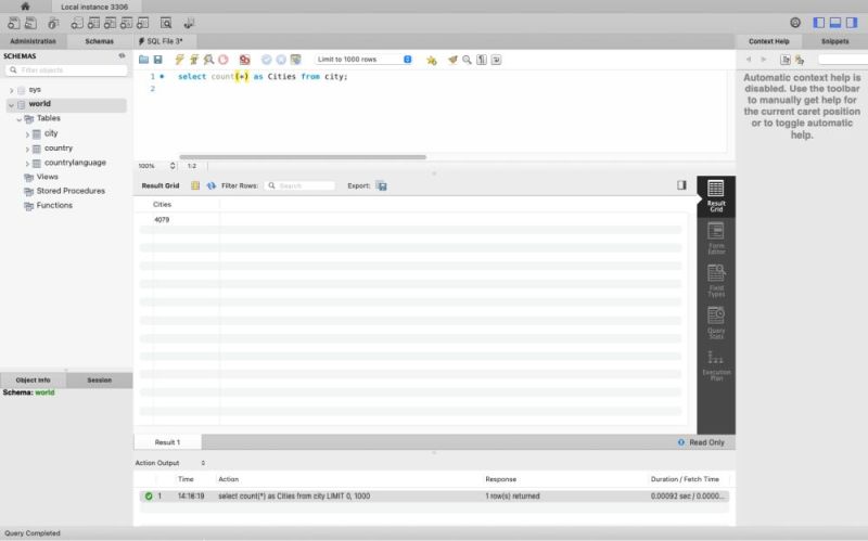 MySQL installation on macOS: 'world' sample database - Simple SELECT query in MySQL Workbench