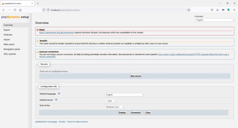 phpMyAdmin: Error and warning messages during setup