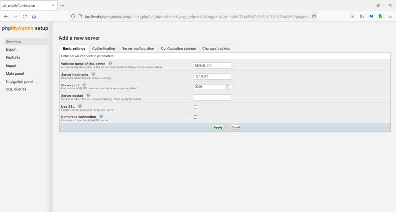 phpMyAdmin setup: Creating a new MySQL server