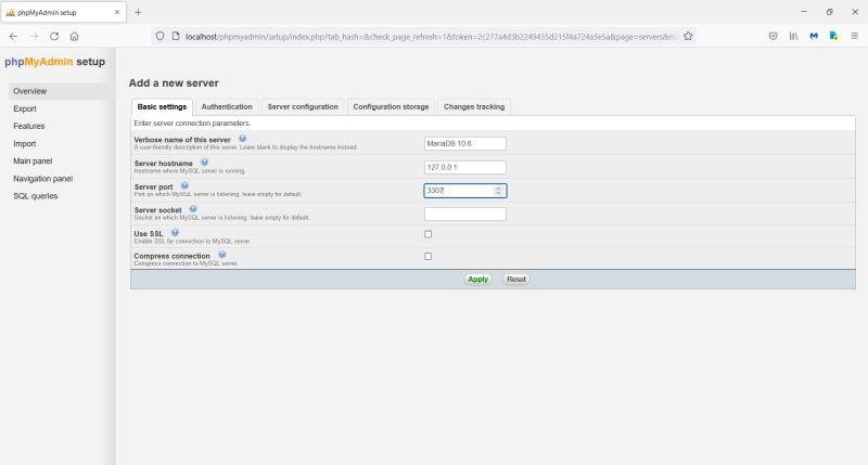 phpMyAdmin setup: Creating a new MariaDB server