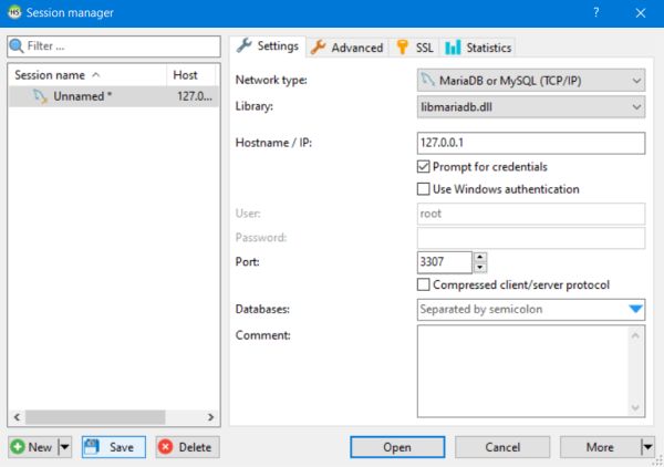 HeidiSQL: Creating a new MariaDB session on localhost:3307 [2]