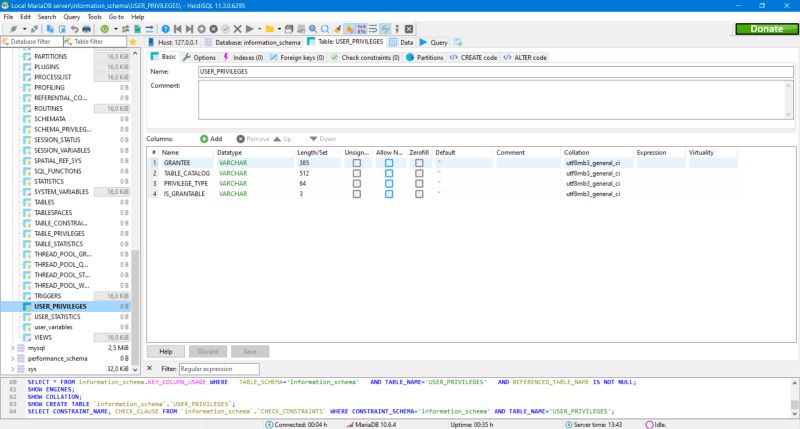 HeidiSQL: Display of the table structure of a MariaDB database