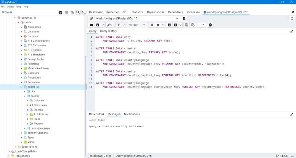 PostgreSQL - PgAdmin: Adding constraints to the tables of the 'world' sample database