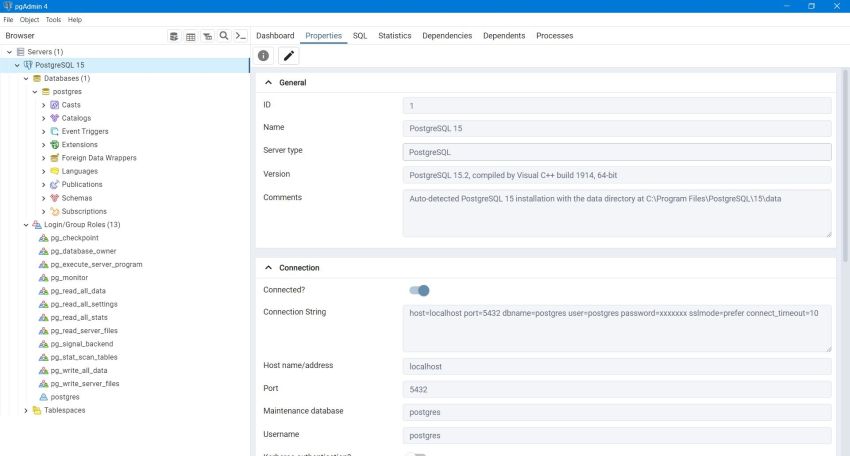 PostgreSQL - PgAdmin: PostgreSQL 15 server properties