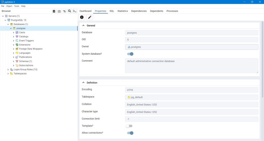 PostgreSQL - PgAdmin: Properties of the 'postgres' maintenance database