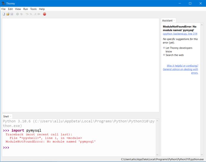 Using the Python shell of Thonny to check if PyMySQL is installed